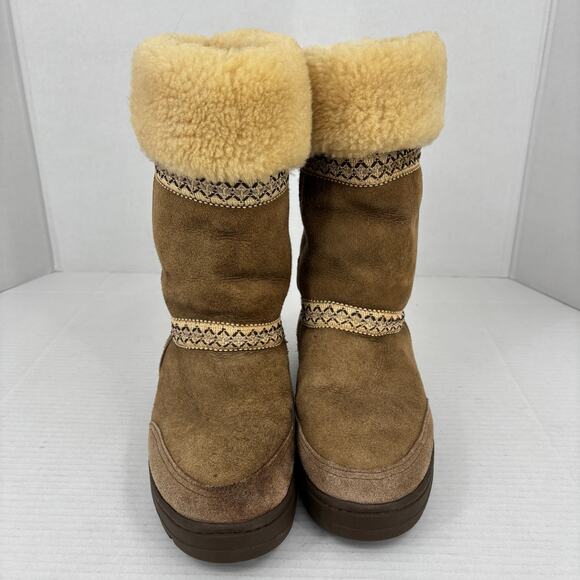 UGG Sundance Boots Size 9 Brown Genuine Leather Pure Wool Lining Fold Over - Picture 5 of 11